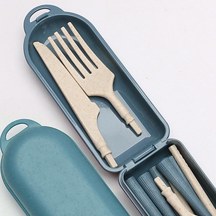 7pcs Food Grade Safe Detachable Portable Utensils Reusable Plastic Cutlery Set Box with Chopsticks Spoon Knife Fork Straw Brush