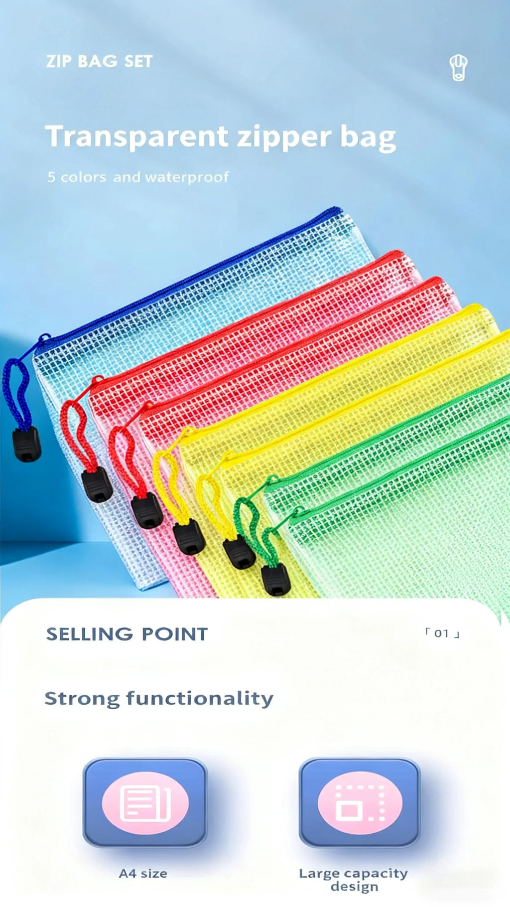 Zipper Documents Bag A4/A5 Plastic Folders A3 Transparent Waterproo File Organize Storage Bag School Office Stationery Supplies