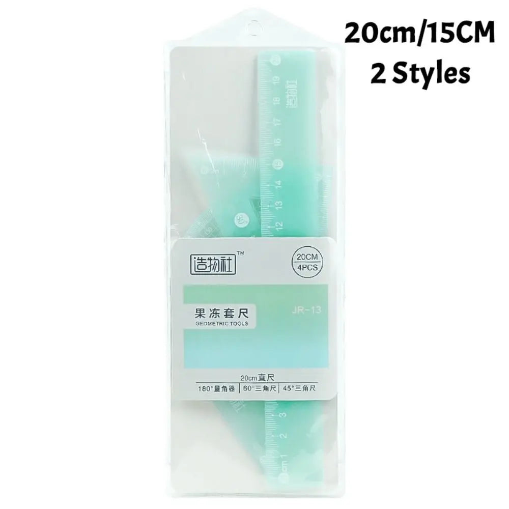 4PCS/Set 15/20CM Jelly Ruler Set Transparent Measuring Stationery Set Square Thickened Straight Ruler Student Gift