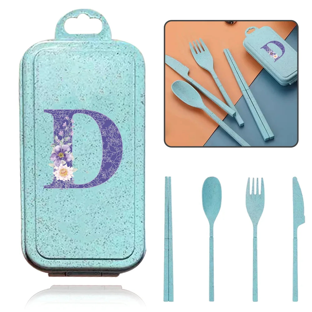 4Pcs Wheat Straw Cutlery Knife Spoon Fork Chopsticks Portable Set Plastic Detachable Dinnerware Purple Flower Letter Pattern