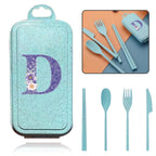 4Pcs Wheat Straw Cutlery Knife Spoon Fork Chopsticks Portable Set Plastic Detachable Dinnerware Purple Flower Letter Pattern