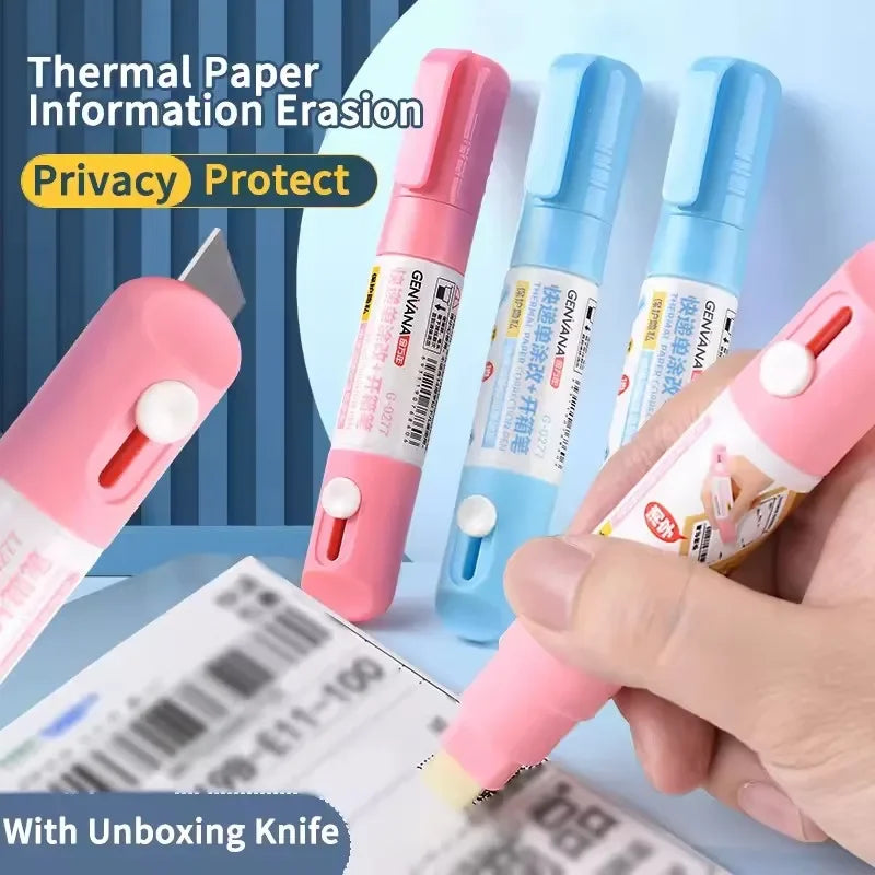 2 In 1 Thermal Paper Correction Fluid with Unboxing Knife Durable Thermal Paper Data Identity Protection Fluid Eraser Box Opener