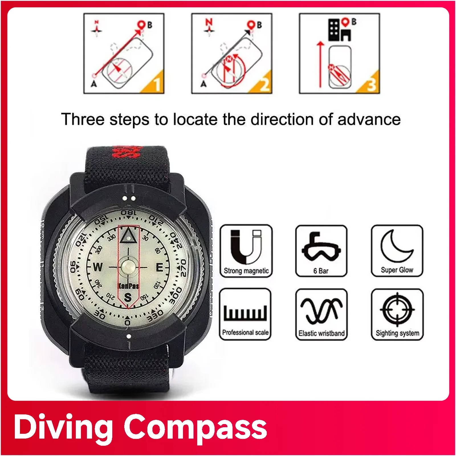 Waterproof Outdoor Compass Professional 60M /197Ft Diving Compass Navigator Digital Watch Scuba Compass For Swimming Diving