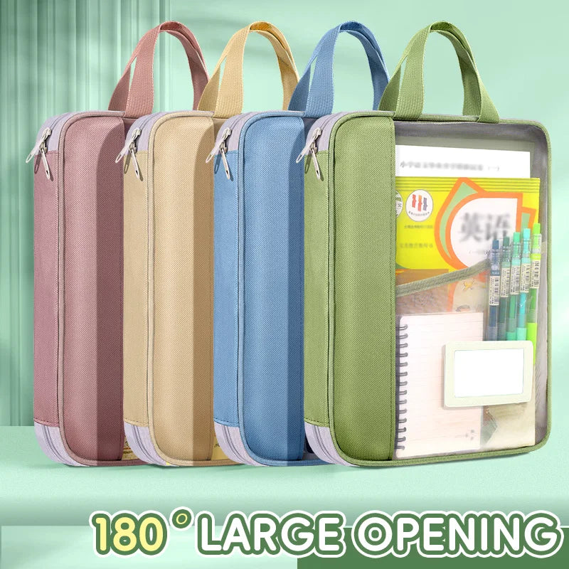 HUAJIE A4 file bag, transparent large-open file bag, zippered large-capacity document storage bag, handbag, student book bag, tutoring bag, exam paper bag, mesh subject classification bag, homework bag, study bag