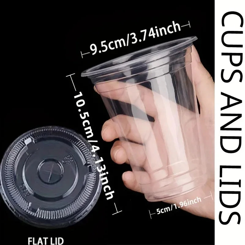 50pcs/set 12/16OZ Sturdy Ice Coffee Cup with Lid Smoothie Milkshake Cold Drink Plastic Cup Disposable Cup Holiday Party Supplies