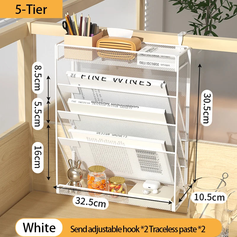 Desk File Organizer Mesh 5-Tier, Hanging Wall Mount Document Organization Stand, Desktop Vertical Mail Paper Folder Holder Rack