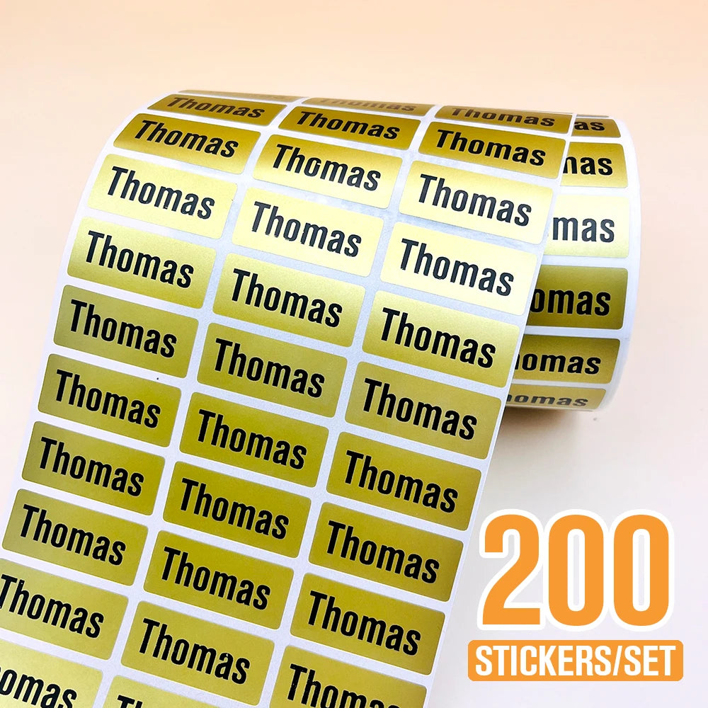 200pcs Personlized First Name Sticker Custom Gold Waterproof Kawaii Decals Tag for Children School Stationery Bottle Label