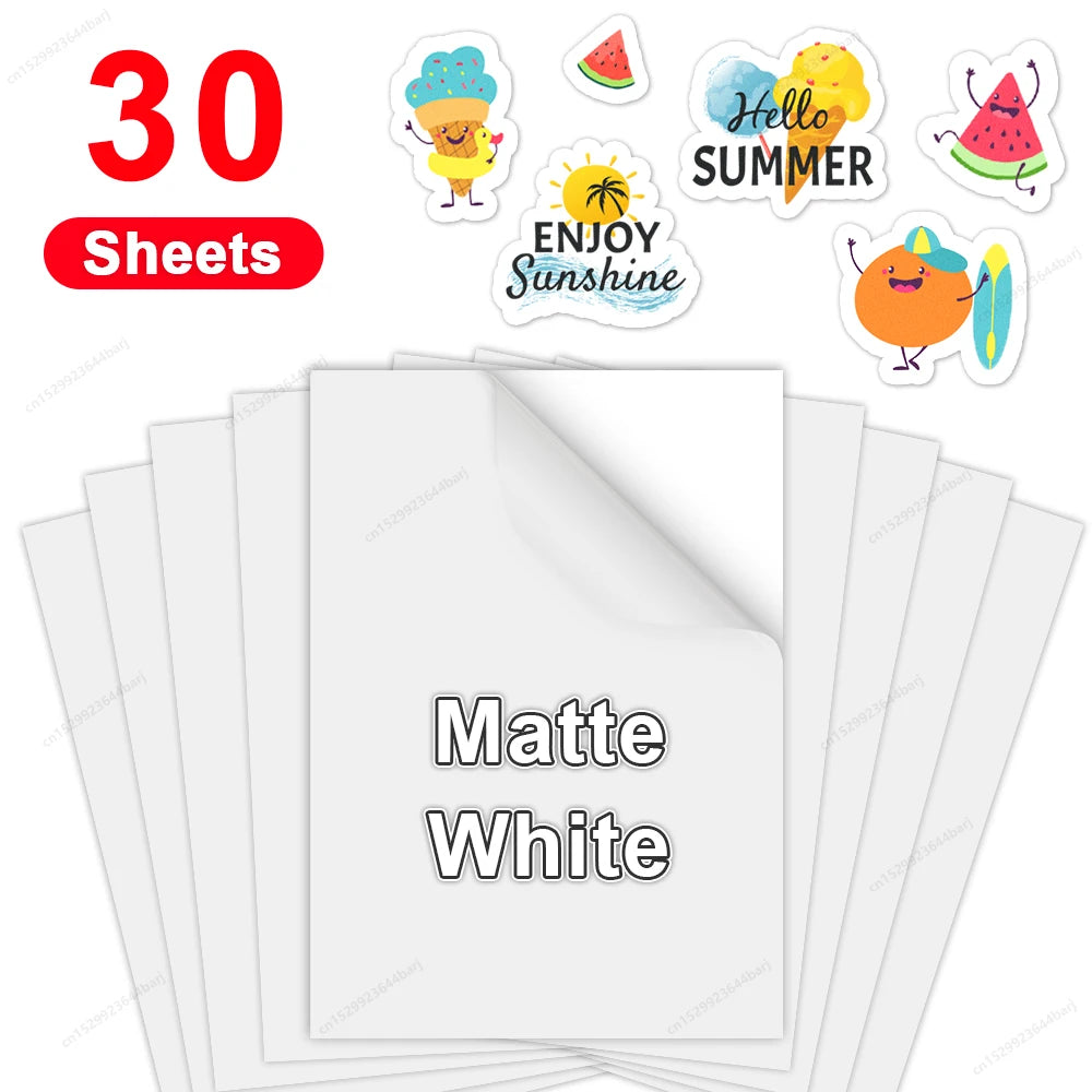 30 Sheets Printable Vinyl Sticker Paper A4 Waterproof Adhesive Transparent Glossy White Copy Paper for Inkjet Printer DIY Labels