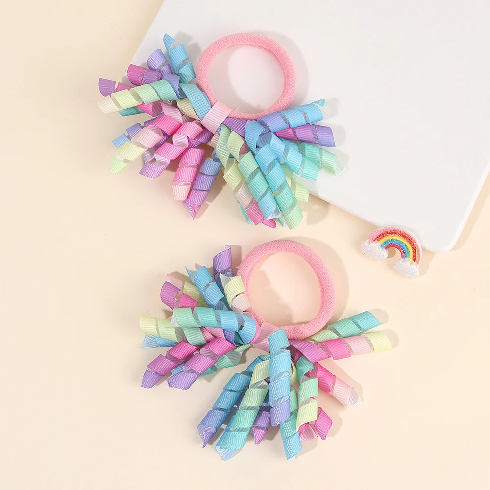 2Pcs Trendy Firework Hair Ties Rainbow Curly Ribbon Elastic Rubber Bands For Girls Kids Cute Hair Ropes Daily Hair Accessories