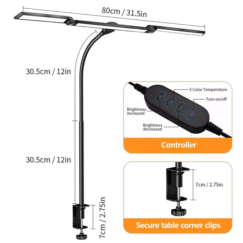 LED Desk Lamp Eye-Caring Desk Light with Stepless Dimming Adjustable Flexible Gooseneck with Clamp for Reading Study Workbench