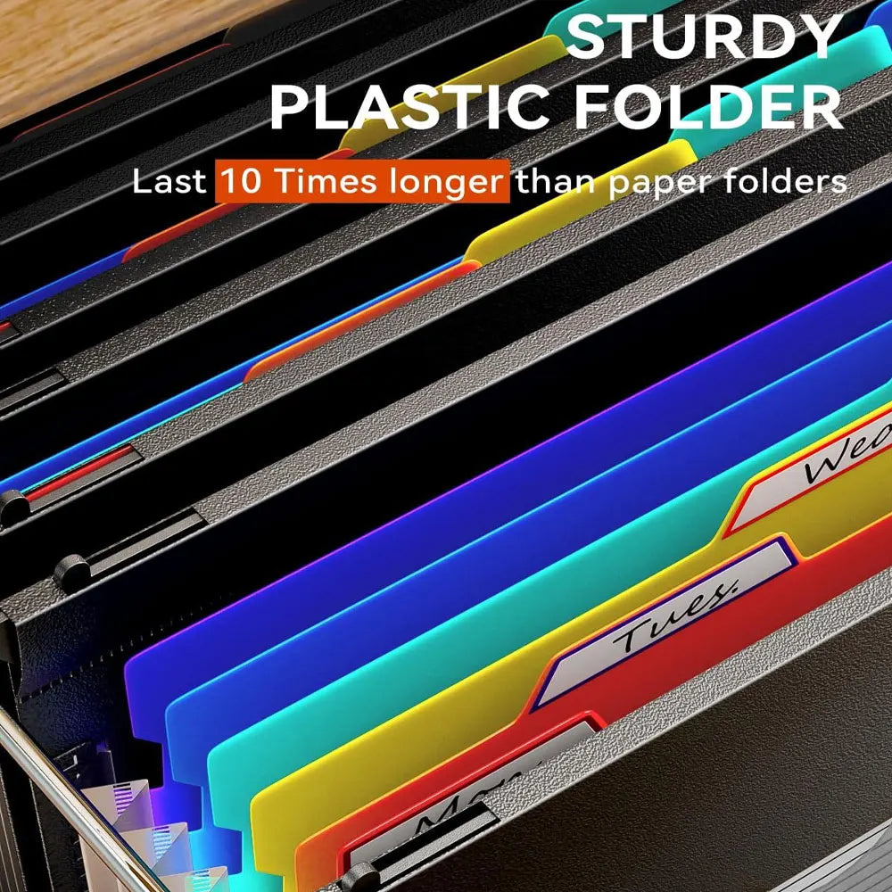 1-Pack of Plastic Telescopic Hanging Folders with 7 Compartments and Multi-Colored Labels, Suitable for Filing Cabinets.