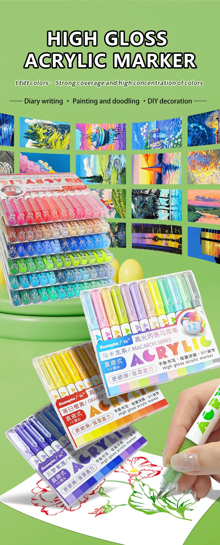 GuangNa 168/12 Colors High Gloss Acrylic Marker Pen Set,Hard Headed Drawing Pens,DIY Graffiti Paint Pen Stationery,GN.586