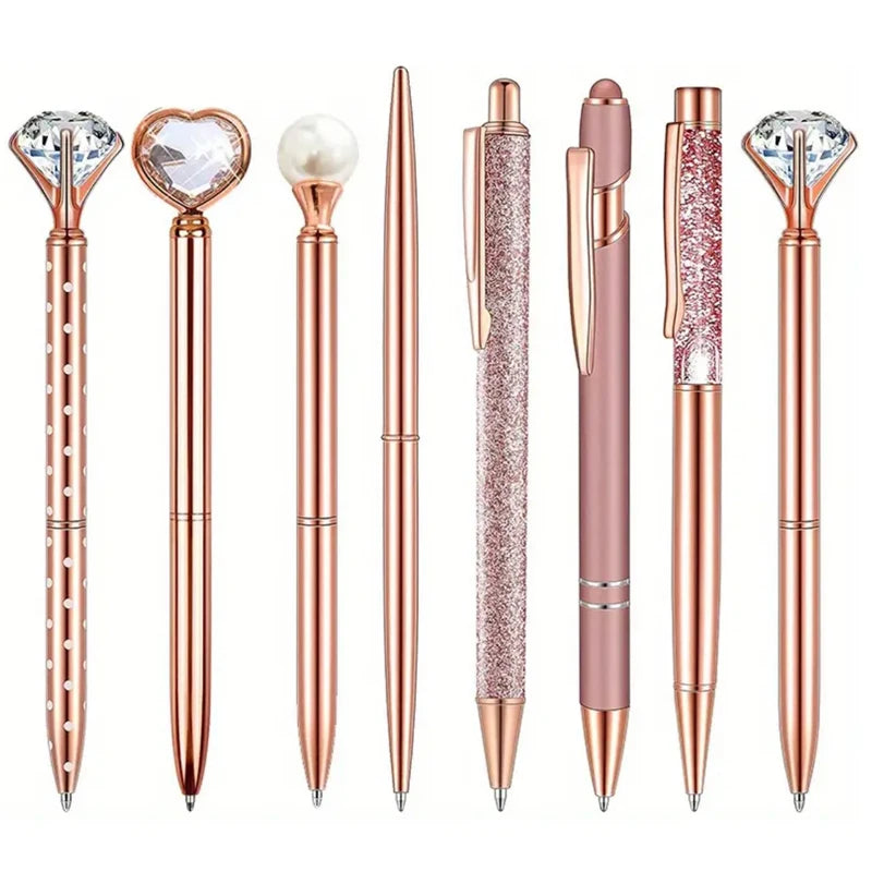 3-9pcs Rose Golden Metal Ballpoint Pen Set, Pearl Quicksand Crown, Love Artificial Diamond,School&Office Supply Gifts,Weddings