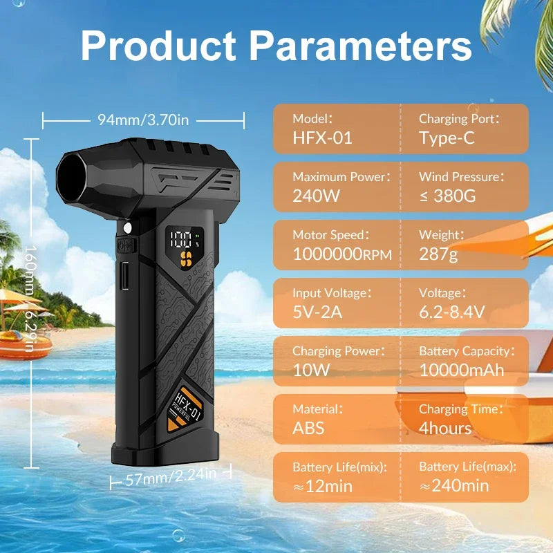 Powerful Violent Fan Air Blower 1000000RPM Turbo Jet Brushless Super Thrust 60m/s 4-Speed USB Rechargeable LED Light Power Bank