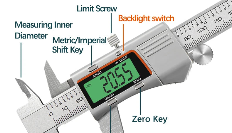 150mm Backlit Digital Caliper Stainless Steel Metal Calipers 6inch LCD Display Electronic Vernier Caliper Measuring Tool Gauge