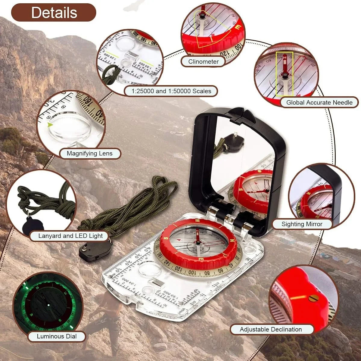 Orienteering Map Compass-Sighting Mirror with Adjustable Declination,Clinometer&LED Light for Hiking,Camping,Hunting,Mountaineer
