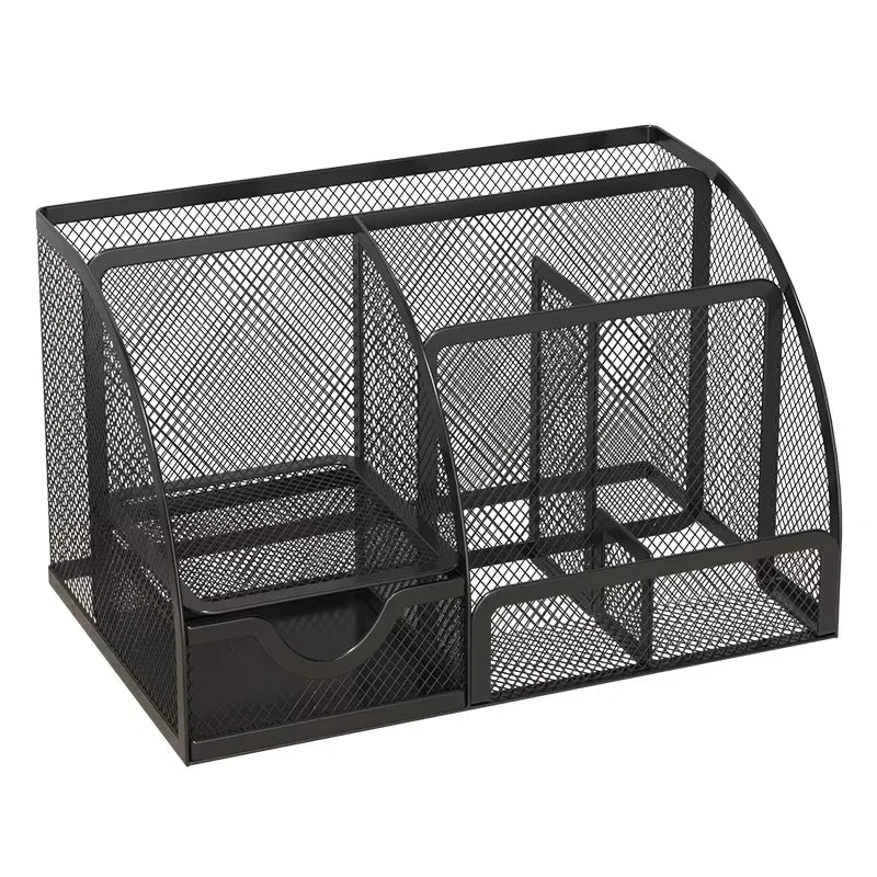 7 Compartment Metal Mesh Desktop Organizer with Drawer Pen Pencil Holder Stationery Storage for Home Office School Students Dorm