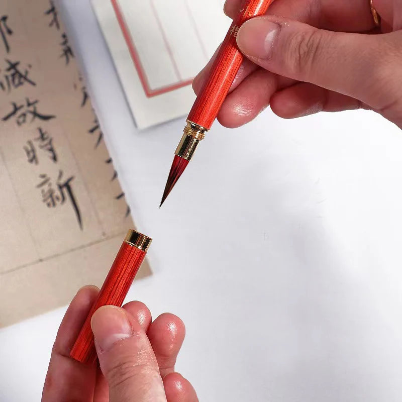 1Pc Luxurious Wooden Handle Calligraphy Brush Red Weasel Hair Painting Brush Pen Wool Hair Regular Script Chinese Writing Brush