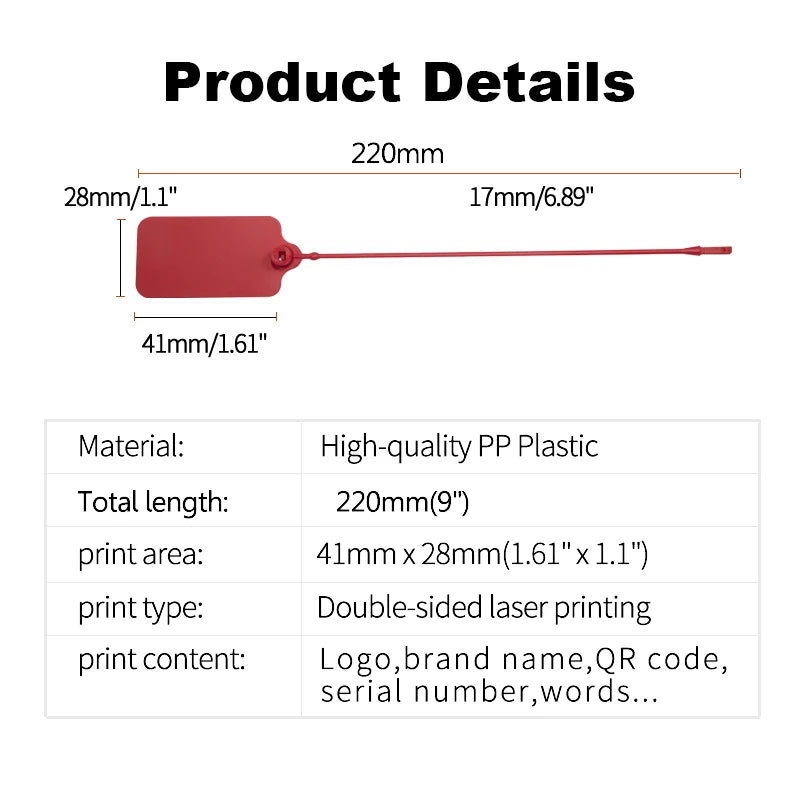 100Pcs Custom Logo Disposable Plastic Security Seals Hang Tags for Clothing Shoes Bags 220mm 8.66"