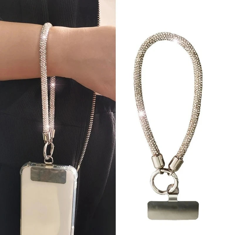 Luxury Full Diamond Phone Lanyard with Metal Clip Universal Short Chain Handheld Wrist Flash Accessory for Mobile Phones