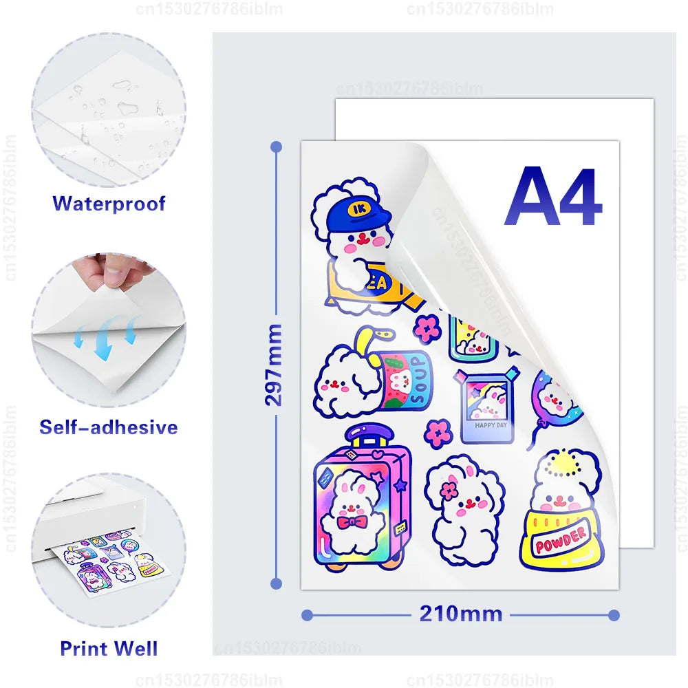 10 Sheets Printable Vinyl Sticker Paper Self-adhesive A4 Copy Paper DIY Holographic Transparent White Labels for Inkjet Printer