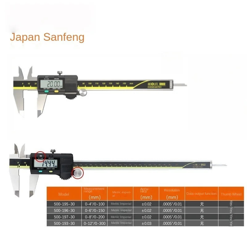 Japan Caliper Stainless Steel Absolute Digital Caliper 500-193-30 Battery Powered Inch/Metric 8" Range -0.001" Hand Tools