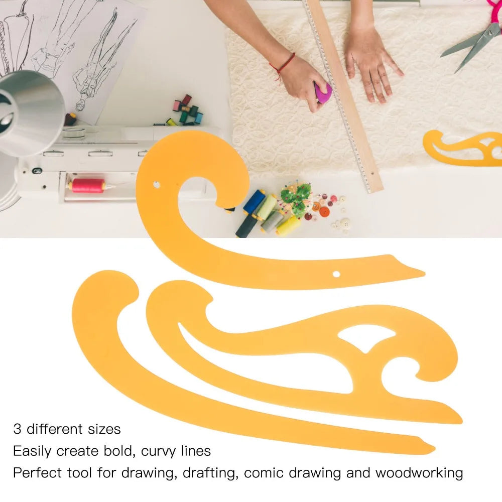 3pcs Plastic French Curve Ruler Set Smooth Double-Beveled Edges Yellow Drafting Curve Templates Flexible Drawing Templates