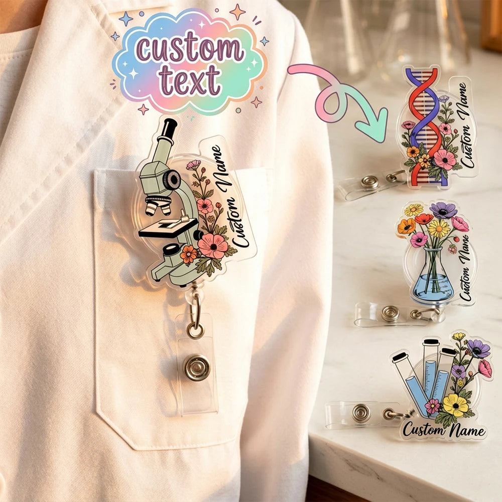 1pc Science-themed Custom Name Acrylic Retractable Badge Reels,Nurse,Scientist Personalized Gift,Work Card Clip,Teacher’s Day