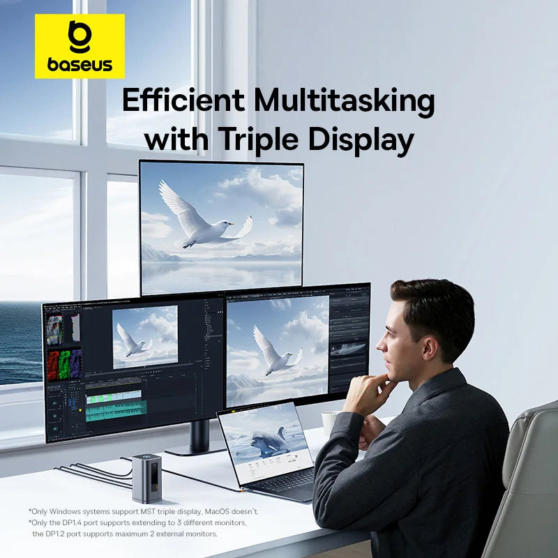 Baseus 11-IN-1 USB C HUB HDMI DP 4K@60Hz MST Triple Display USB 3.2 Splitter with RJ45 3.5mm Mic PD100W Magnetic Docking Station