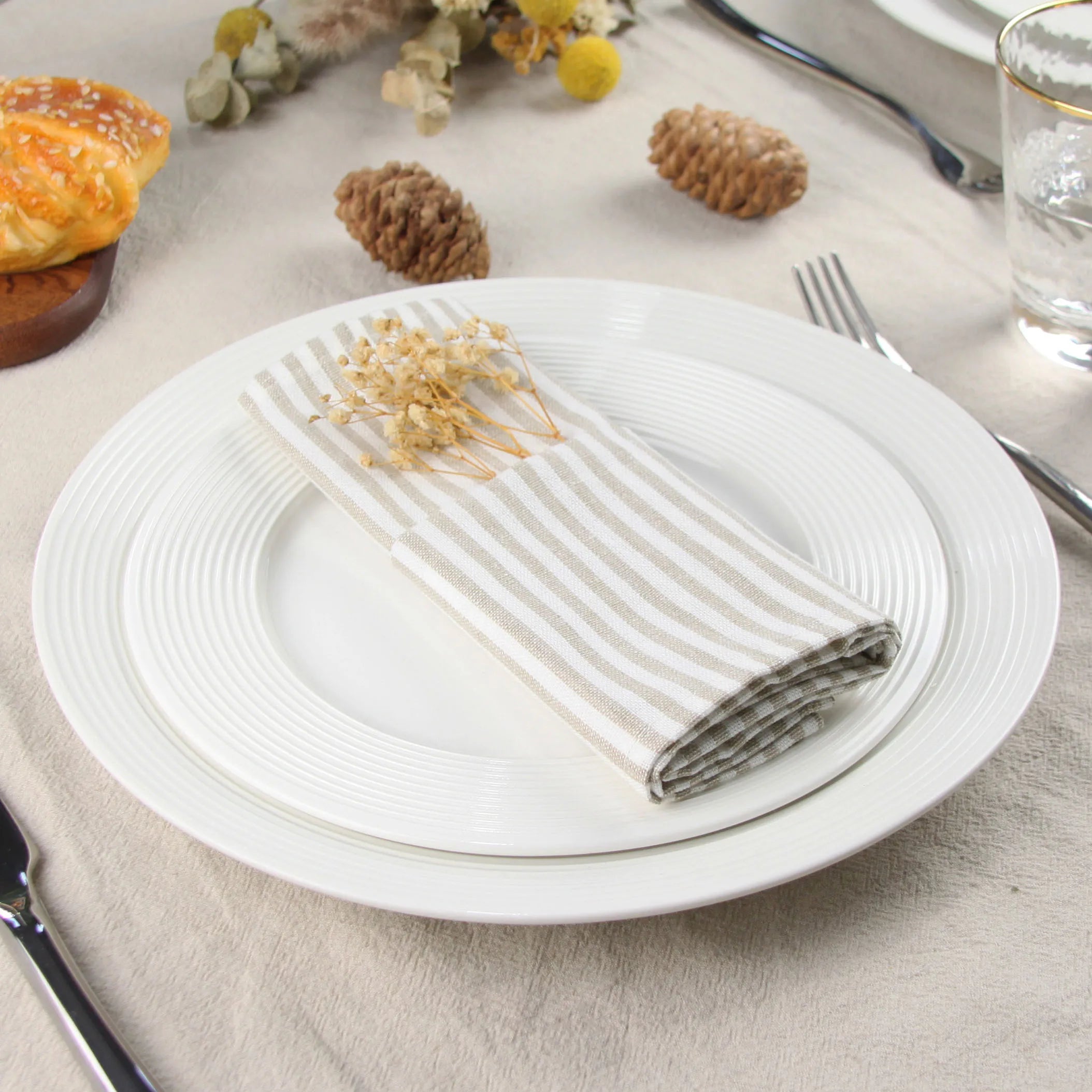 Plain Striped Linen Cotton Blended Dinner Cloth Napkins Placemats Tea Towels Set of 12 (40 x 30 cm) for Events & Home Use