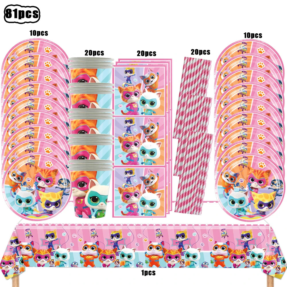 Superkitties Happy Birthday Party Decor Paw Meow Cat Super Kitties Tableware Tablecloth Plate Cup Gift Set Kid Party Supplie Toy