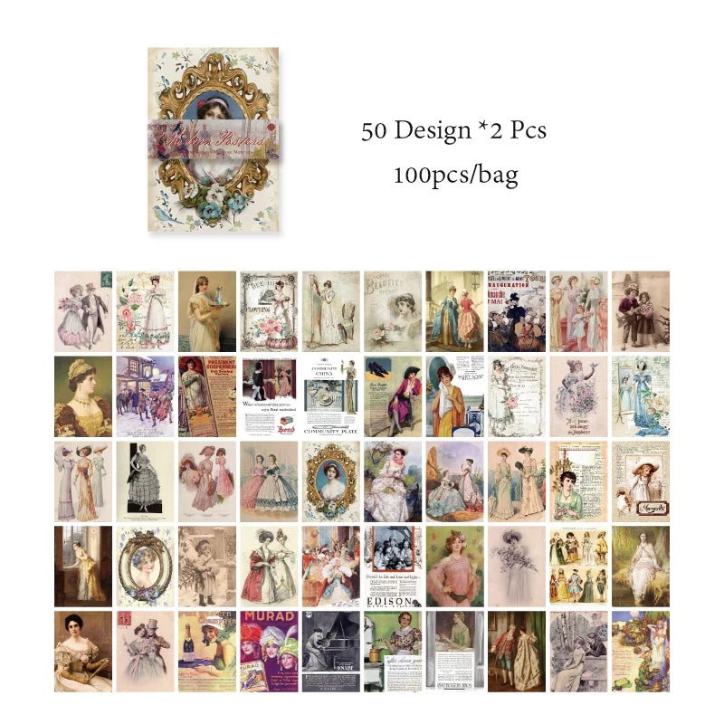 8 Style100Pcs/book Memo Material Paper Vintage Artistic Character Message Card Beautiful Flowers European Style DIY Hand Account