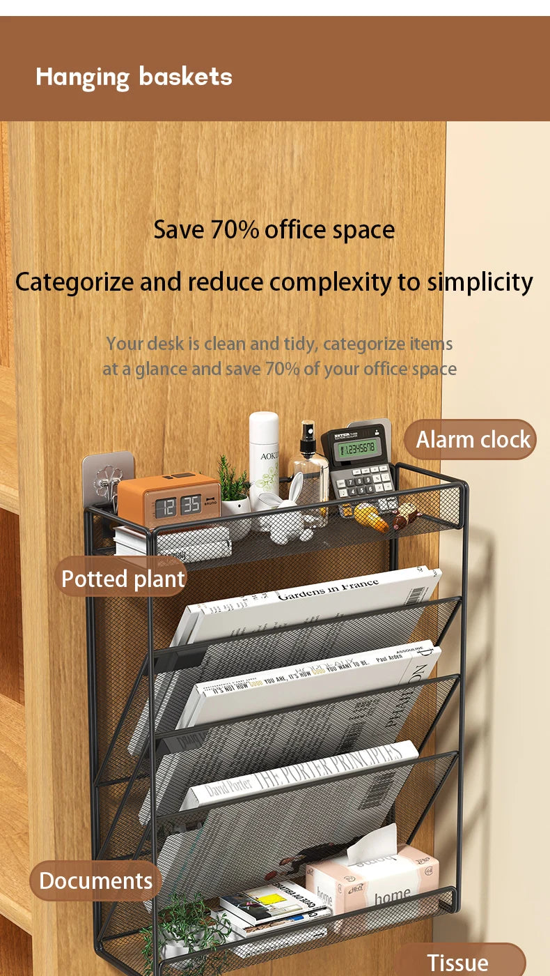 Desk File Organizer Mesh 5-Tier, Hanging Wall Mount Document Organization Stand, Desktop Vertical Mail Paper Folder Holder Rack