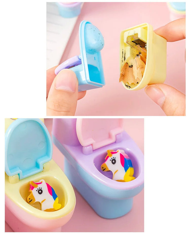 1 Piece Lytwtw's Stationery Pencil Sharpener Creative Toilet Shape Cartoon Unicorn School Supplies Gift Accessories with Eraser