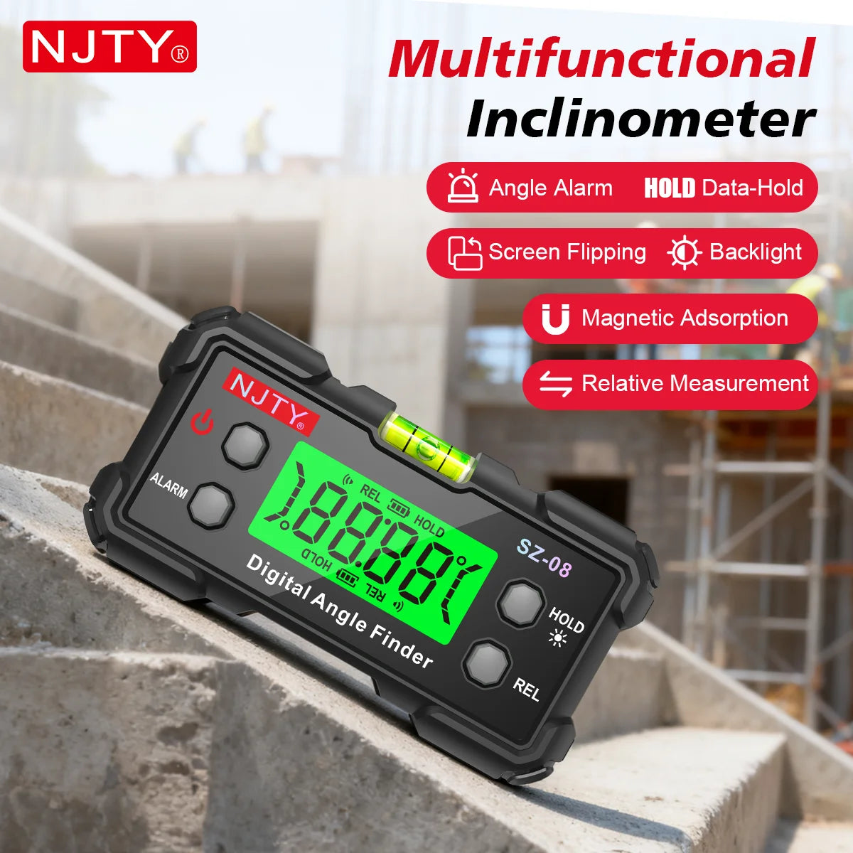 NJTY Digital Protractor Angle Finder Gauge Backlit Flip Screen Magnetic Inclinometer with Absolute REL Mode Measuring Tool