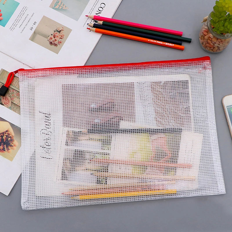 Mesh Zipper Storage Bag Document Bag Waterproof File Pouch Folders School Office Supplies Cosmetic Makeup Bags A3/A4/A5/A6