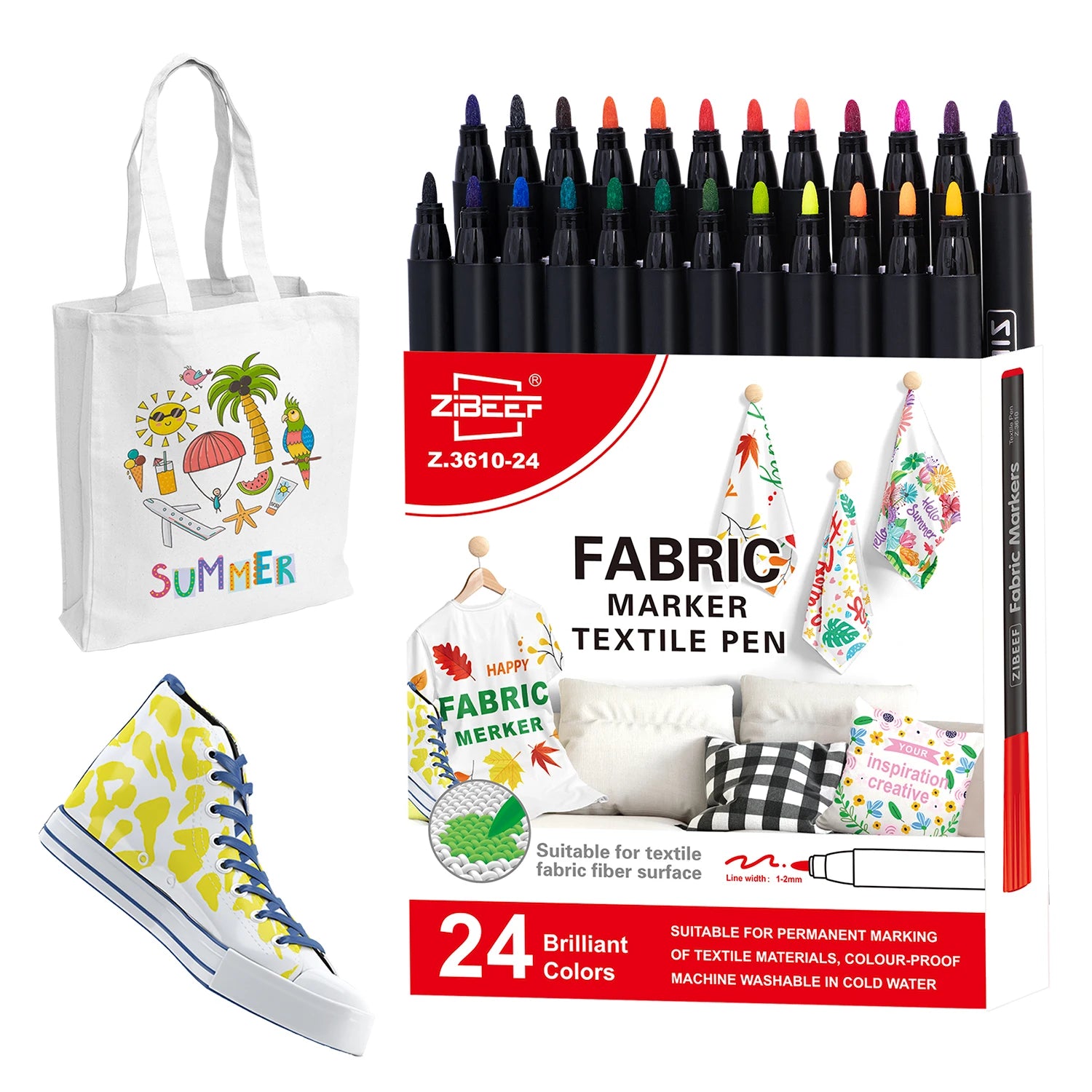 12/24 Colors Fabric Markers Pens Set Permanent Fabric Paint - Fine Point Tip Textile Marker Pen for Kids, T-Shirt Shoe Markers