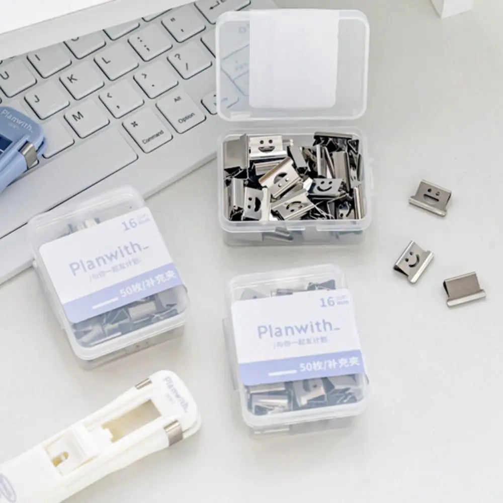 Smile Design Push Paper Clip New Plastics Mini Binder File Stapler Reusable Pusher Set School