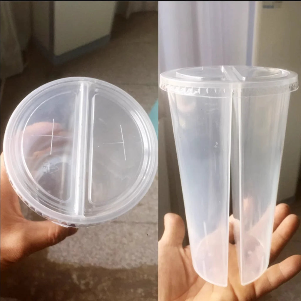 Disposable Bubble Tea Cups Plastic Drinking Cup with Lids 700ml Double Grid Thicken Smoothie Cup for Drinking Share Drinkware