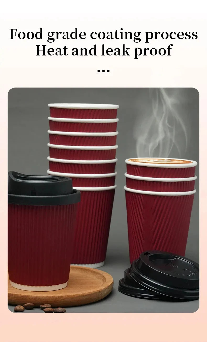 Red Corrugated Disposable Coffee Cups Heat Insulation Cups with Straw for Hot Beverage Ideal for Party Christmas New Year Supply