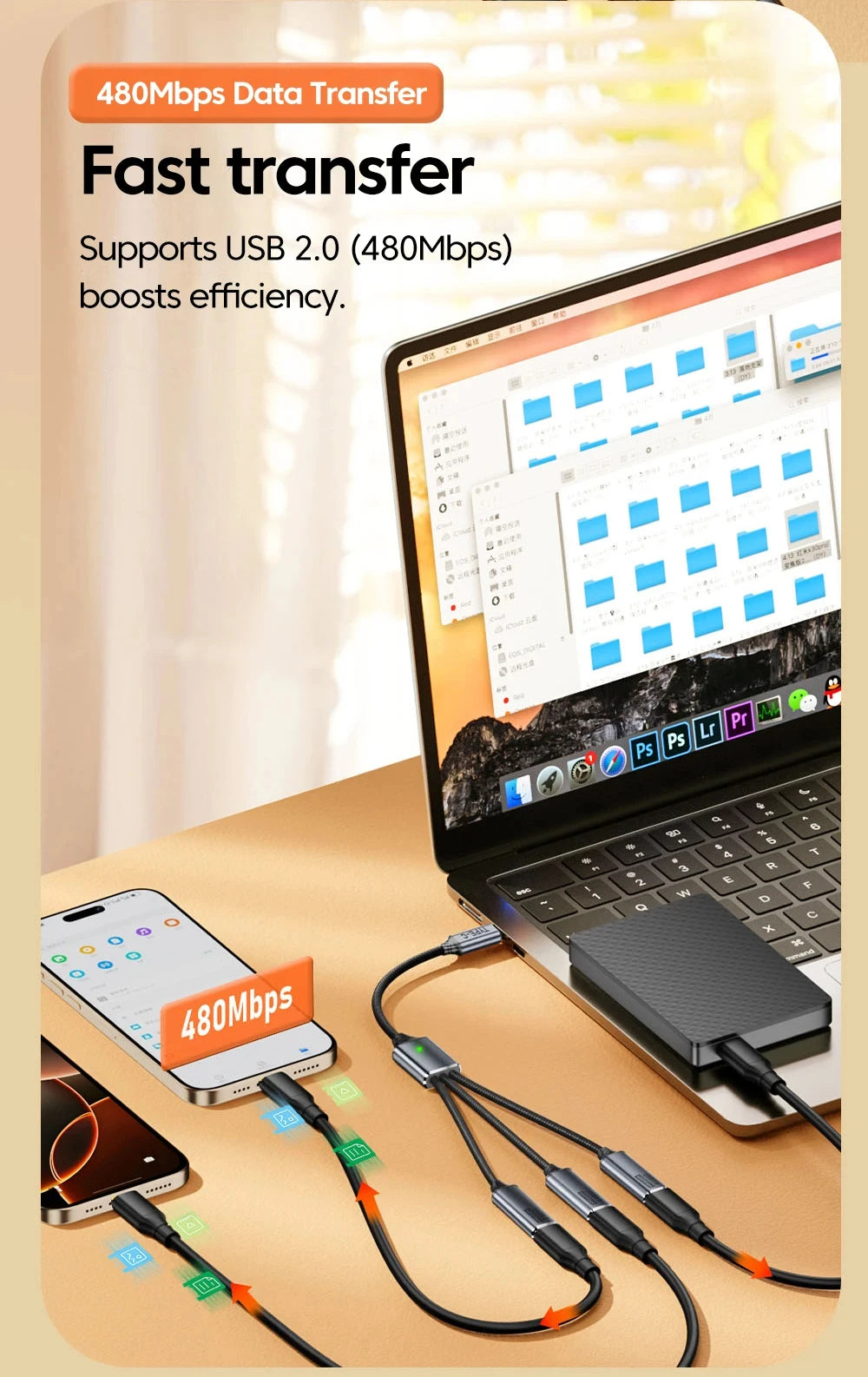 NNBILI 3 in 1 USB A/Type C Splitter HUB Expansion Cable Multi Port Expander Phone Charger  Adapter OTG Charging For Phone Table