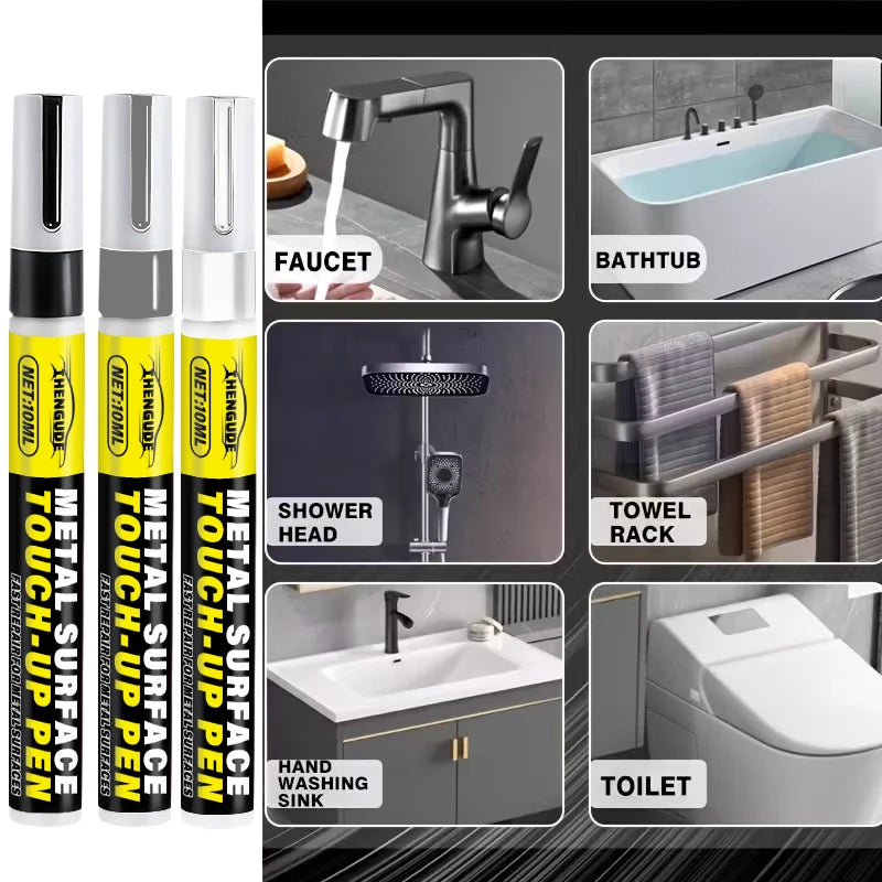 Metal Touch-Up Pen - Scratch Repair for Faucet Paint Surfaces, Paint Restoration for Bathrooms and Kitchens, Black, White, and Gray Touch-Up Pens, Suitable for Faucets, Door Handles, Sinks, Bathtubs, Towel Racks, Toilets, Sho