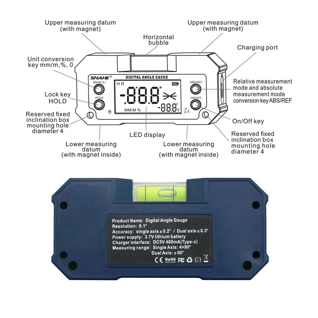 SHAHE Rechargable Digital Protractor Inclinometer Digital Angle Finder Level Box Angle Measuring Tools