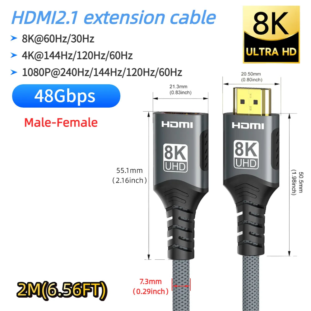HDMI-compatible Extension Cable 1m 2m Male To Female 8K 60Hz 4K 120Hz HDMI2.1 Extender Cord Connector for PC TV Projector