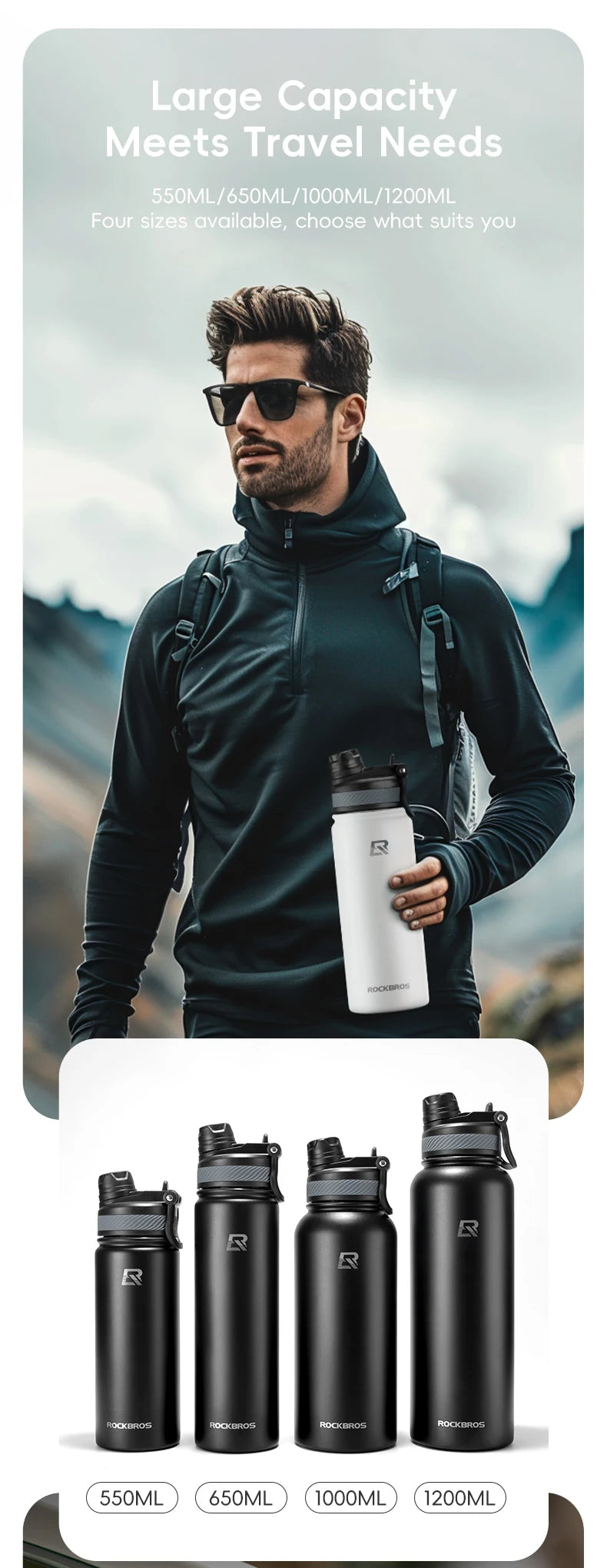 ROCKBROS Cycling Water Bottle Thermal Drinkware Vacuum Flasks & Thermoses Bottle 500ml 650ml 1000ml 1200ml Cycling Water Bottle