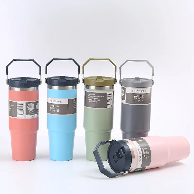 30OZ Portable Car Cup Stainless Steel Thermos Cup with Straw Travel Sports Water Bottle With Handle Cover Coffee Vacuum Flask