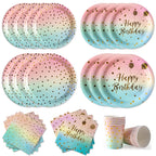 Pastel Rainbow Party Birthday Disposable Tableware Gold Dot Rainbow Gradient Paper Plate Cup Napkin Birthday Wedding Supplies