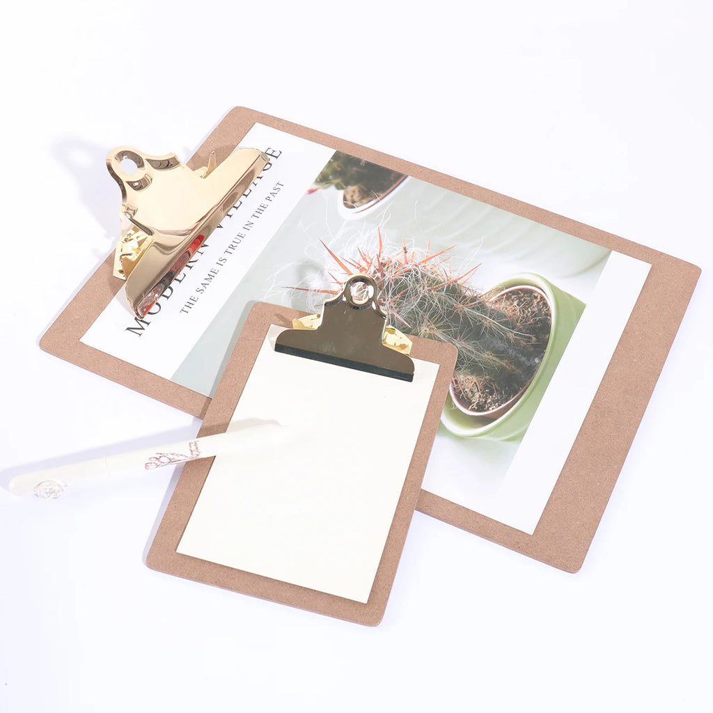 Wood Color Folder with Golden Metal Clip Different Sizes Portable Stylish Notes Ticket Holder Office School Stationery Supplies
