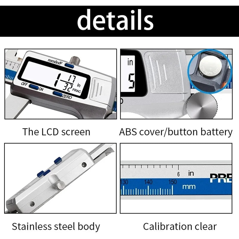 ET52 Stainless Steel 0.01mm High Precision Measure 150mm Digital Caliper mm/inch/Fraction Zero Setting Electronic Caliper