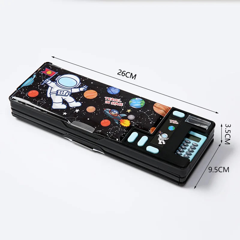 Built-in Calculator Plastic Stationery Box for Primary School Students Double-sided Open Pencil Case Creative Multi-functional